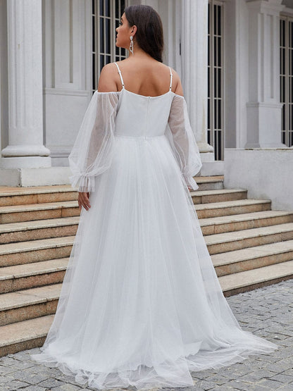 Boho Chic Cold Shoulder Lantern Sleeve Wedding Dress #color_Cream 