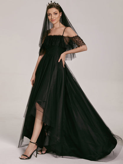 Cold Shoulder Lace High-Low Wedding Dress #color_Black