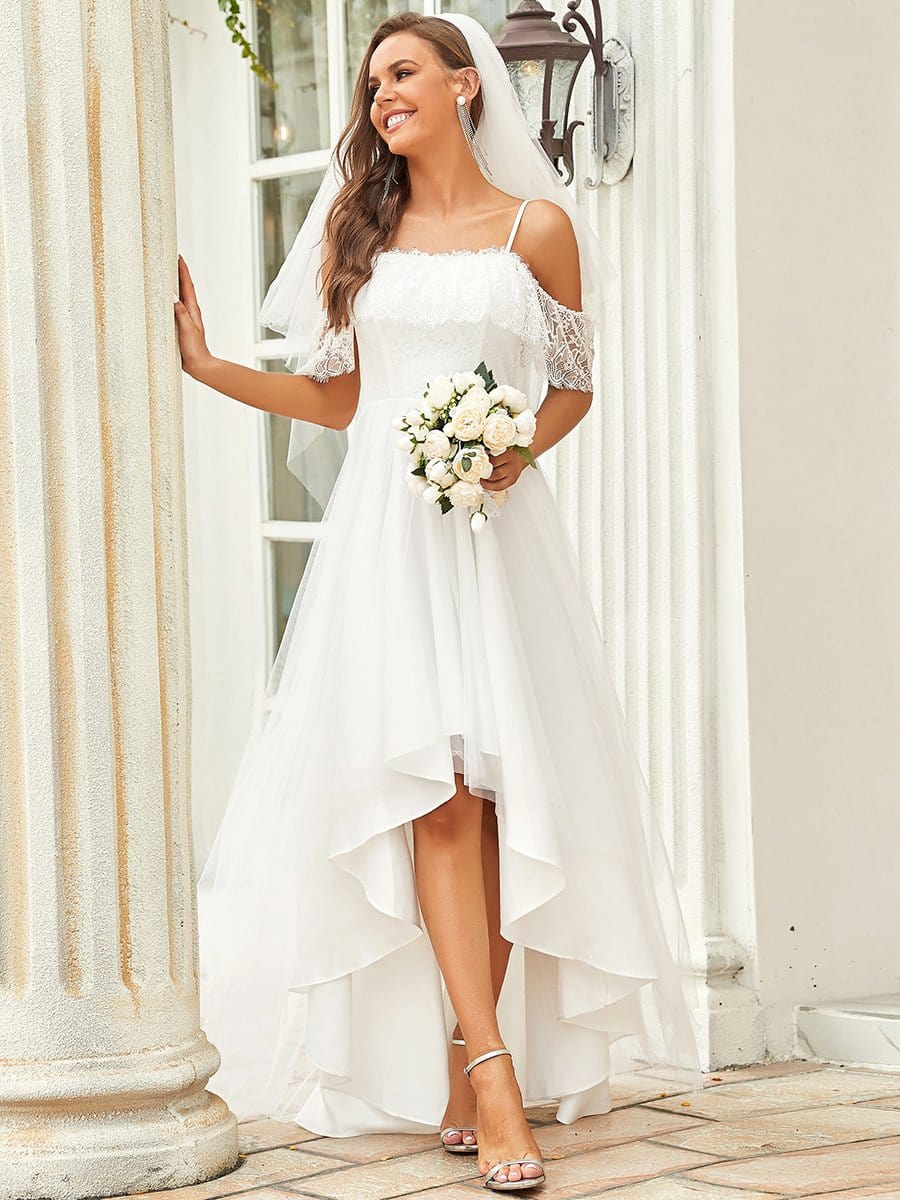 Cold Shoulder Lace High-Low Wedding Dress #color_Cream