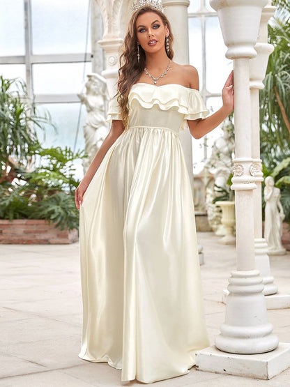 Color=Ivory Yellow | Double Ruffle Strapless A-Line Wedding Dress-Ivory Yellow 5