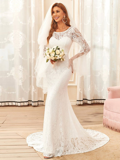 Sweetheart Long Bell Sleeve Mermaid Wedding Dress #color_Cream 