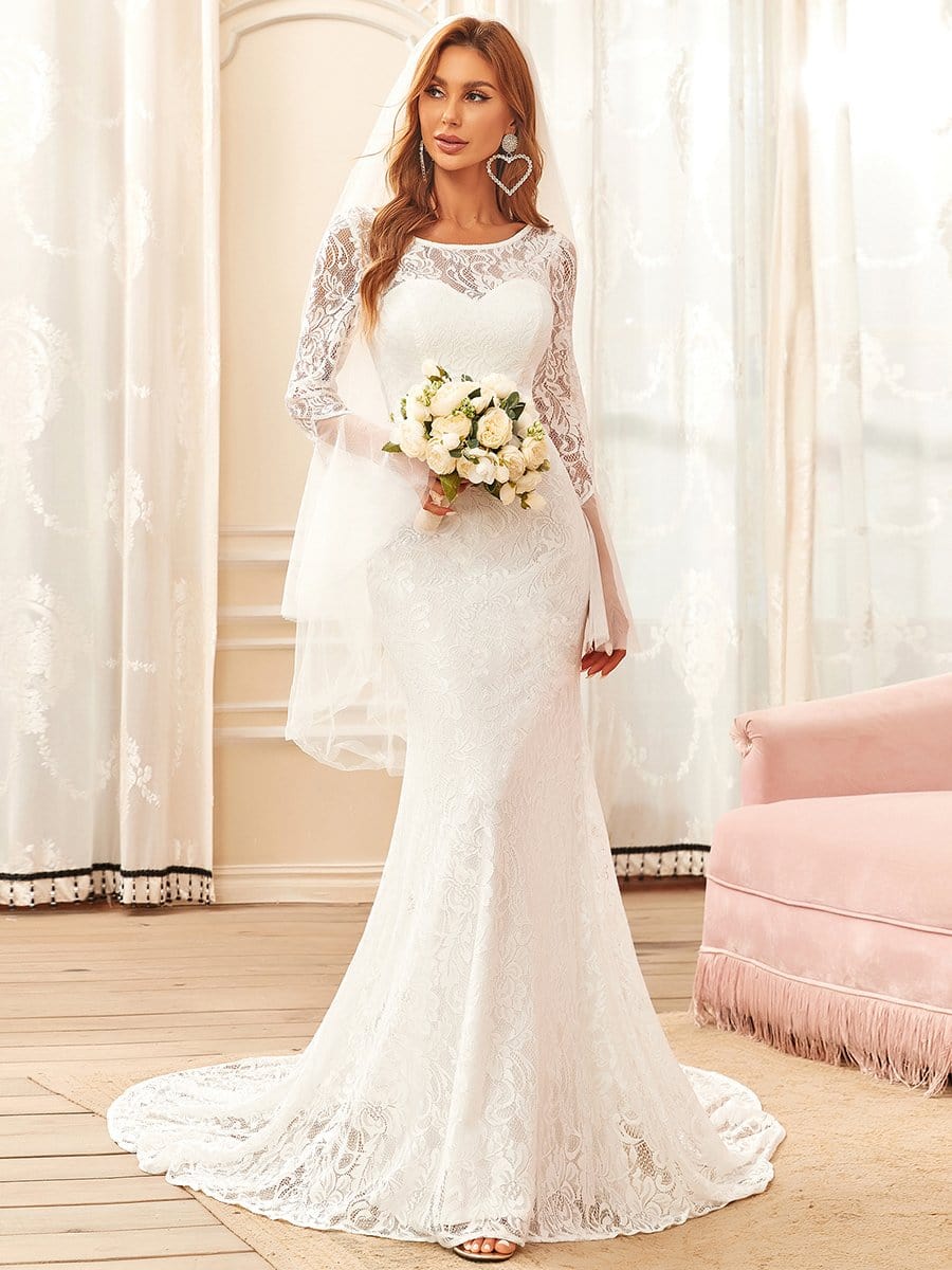 Sweetheart Long Bell Sleeve Mermaid Wedding Dress #color_Cream 