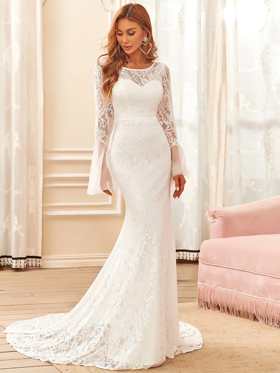 Custom Size Sweetheart Long Sleeve Lace Mermaid Wedding Dress #color_Cream 