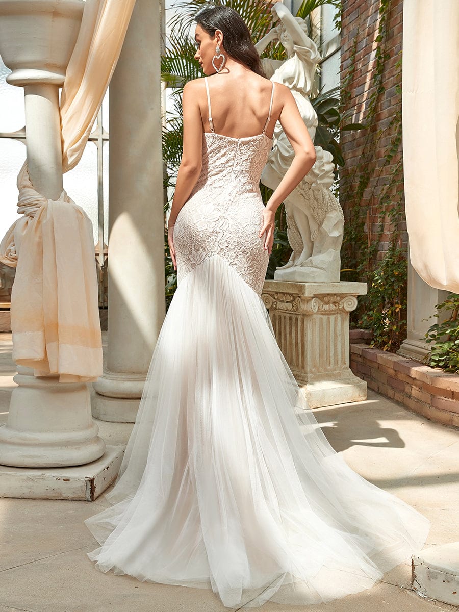 Spagetti Strap Lace Backless Long Fishtail Wedding Dress #color_Cream