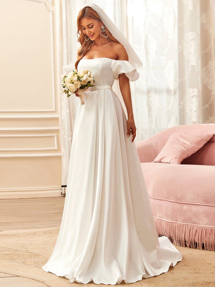 Belted Off-Shoulder Sweetheart Ball Gown Wedding Dress #color_Cream