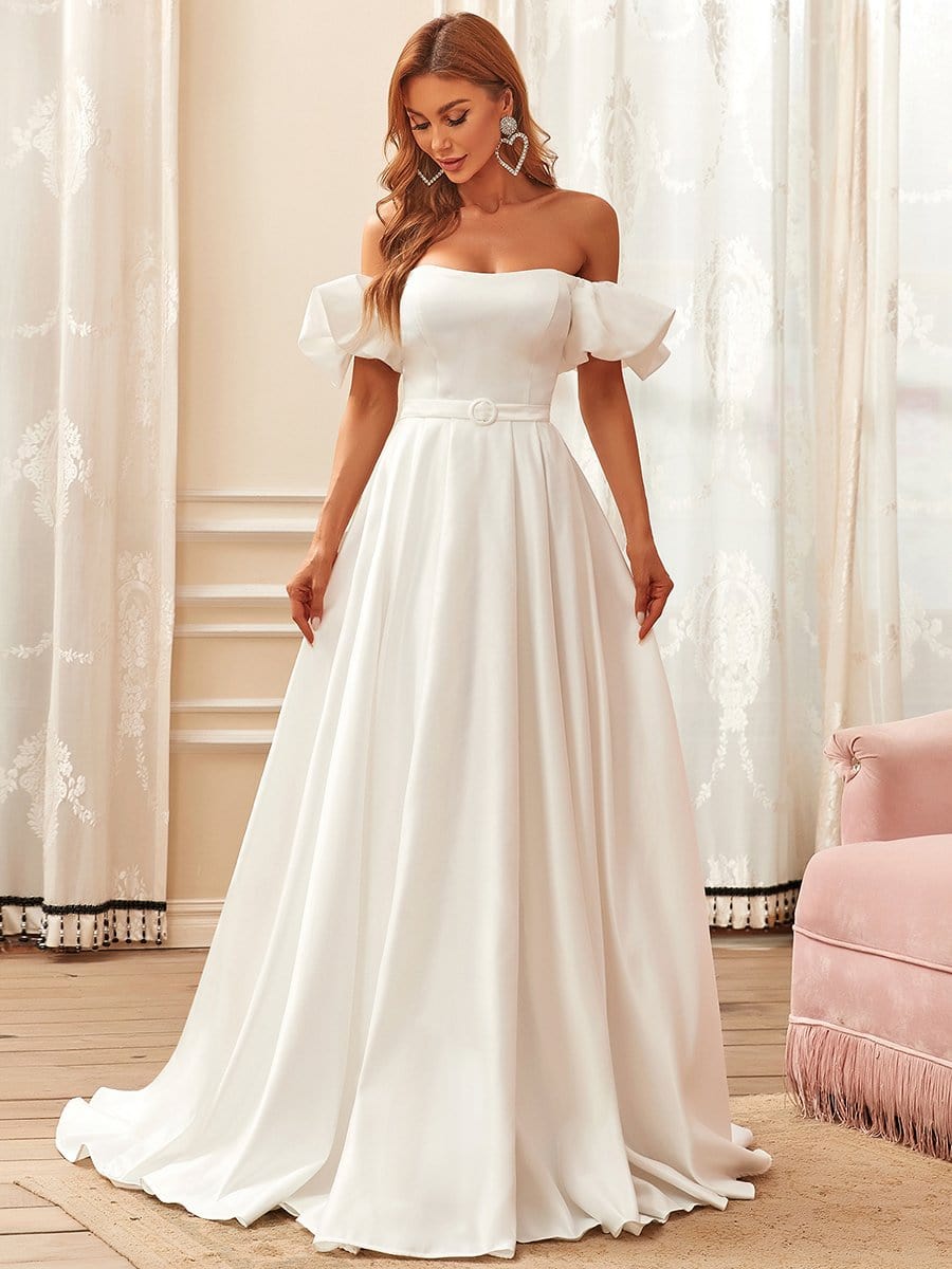 Belted Off-Shoulder Sweetheart Ball Gown Wedding Dress #color_Cream