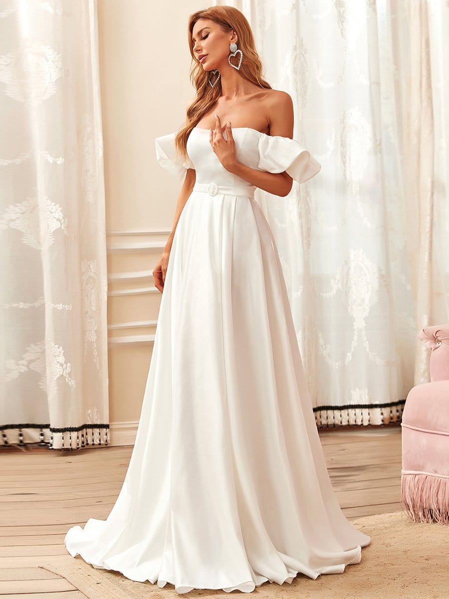 Belted Off-Shoulder Sweetheart Ball Gown Wedding Dress #color_Cream