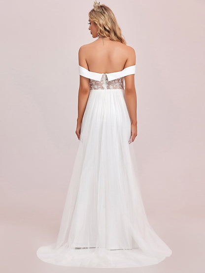 Color=White | Applique Off-Shoulder Bodycon Fishtail Wedding Dress-White 7