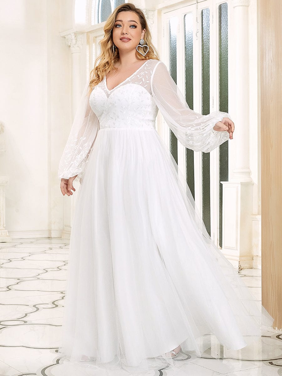 Sheer Floral Puffed Sleeve Sweetheart A-Line Wedding Dress #Color_White