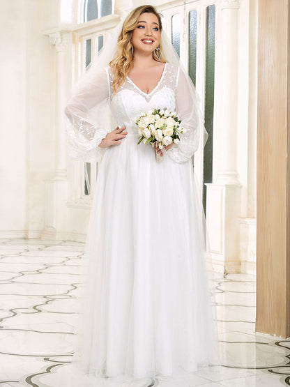 Sheer Floral Puffed Sleeve Sweetheart A-Line Wedding Dress #Color_White