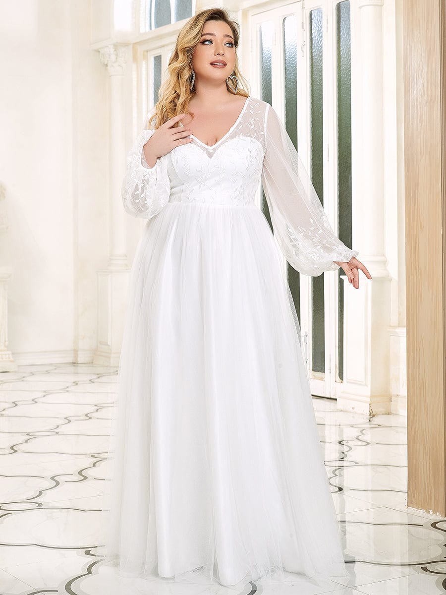 Sheer Floral Puffed Sleeve Sweetheart A-Line Wedding Dress #Color_White