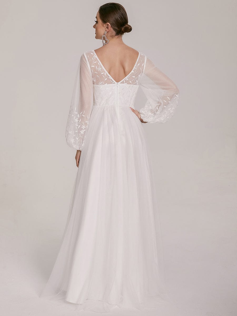 Sheer Floral Puffed Sleeve Sweetheart A-Line Wedding Dress #Color_White