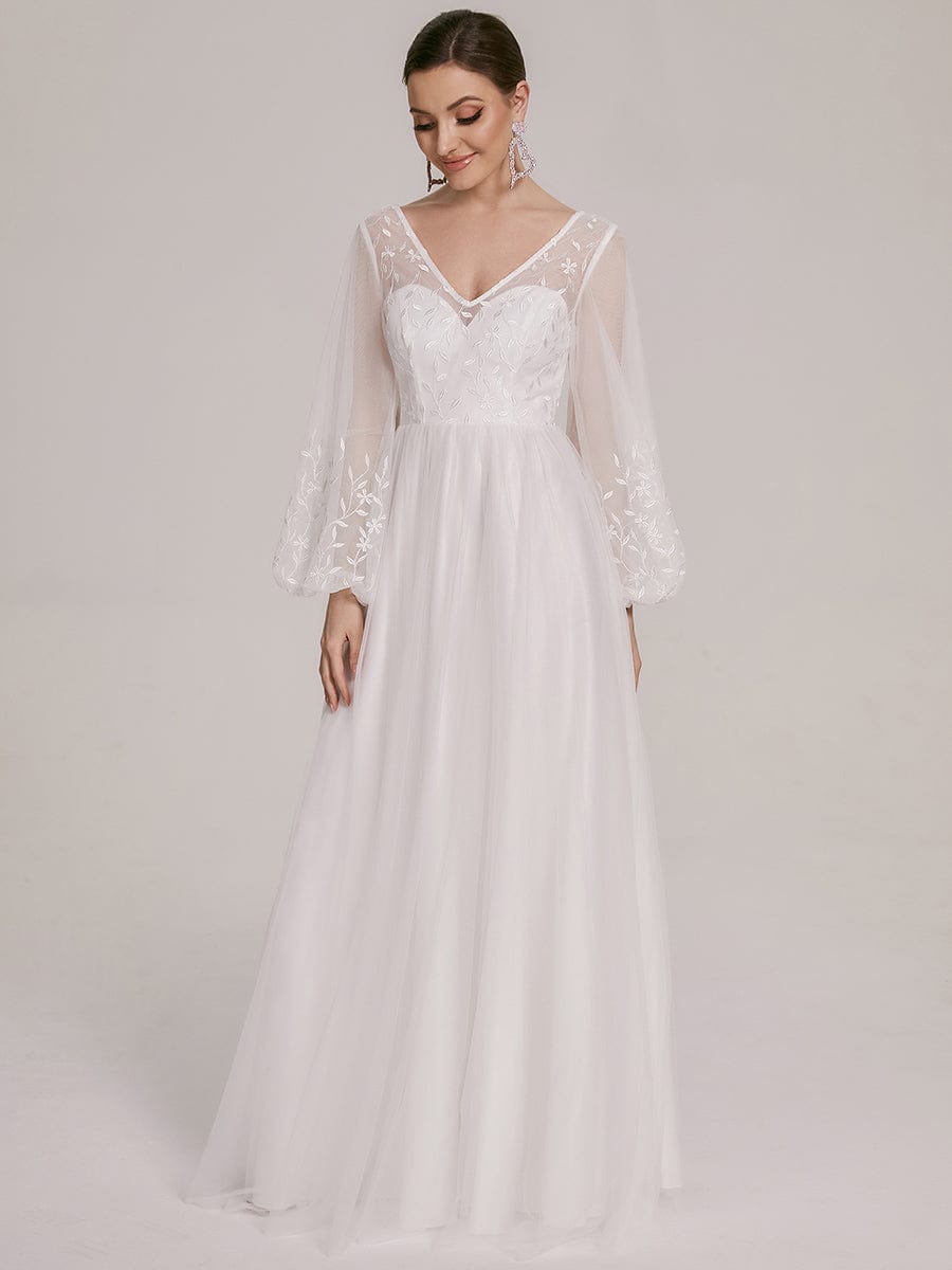 Sheer Floral Puffed Sleeve Sweetheart A-Line Wedding Dress #Color_White