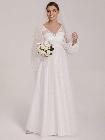 Sheer Floral Puffed Sleeve Sweetheart A-Line Wedding Dress #Color_White