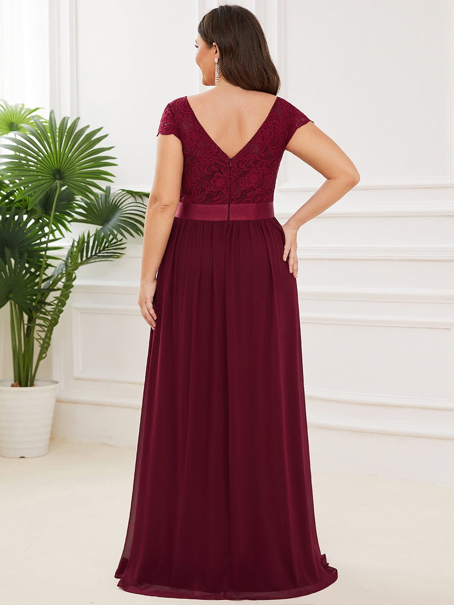 Elegant Lace V-Neck Short Sleeves Chiffon Mother of the Bride Dress #color_Burgundy 