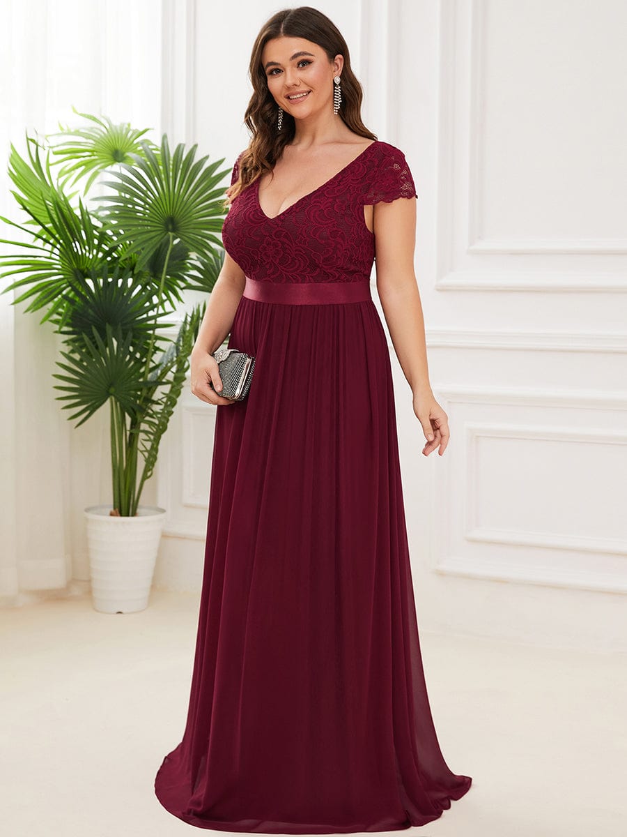 Elegant Lace V-Neck Short Sleeves Chiffon Mother of the Bride Dress #color_Burgundy 