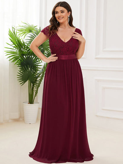 Elegant Lace V-Neck Short Sleeves Chiffon Mother of the Bride Dress #color_Burgundy 