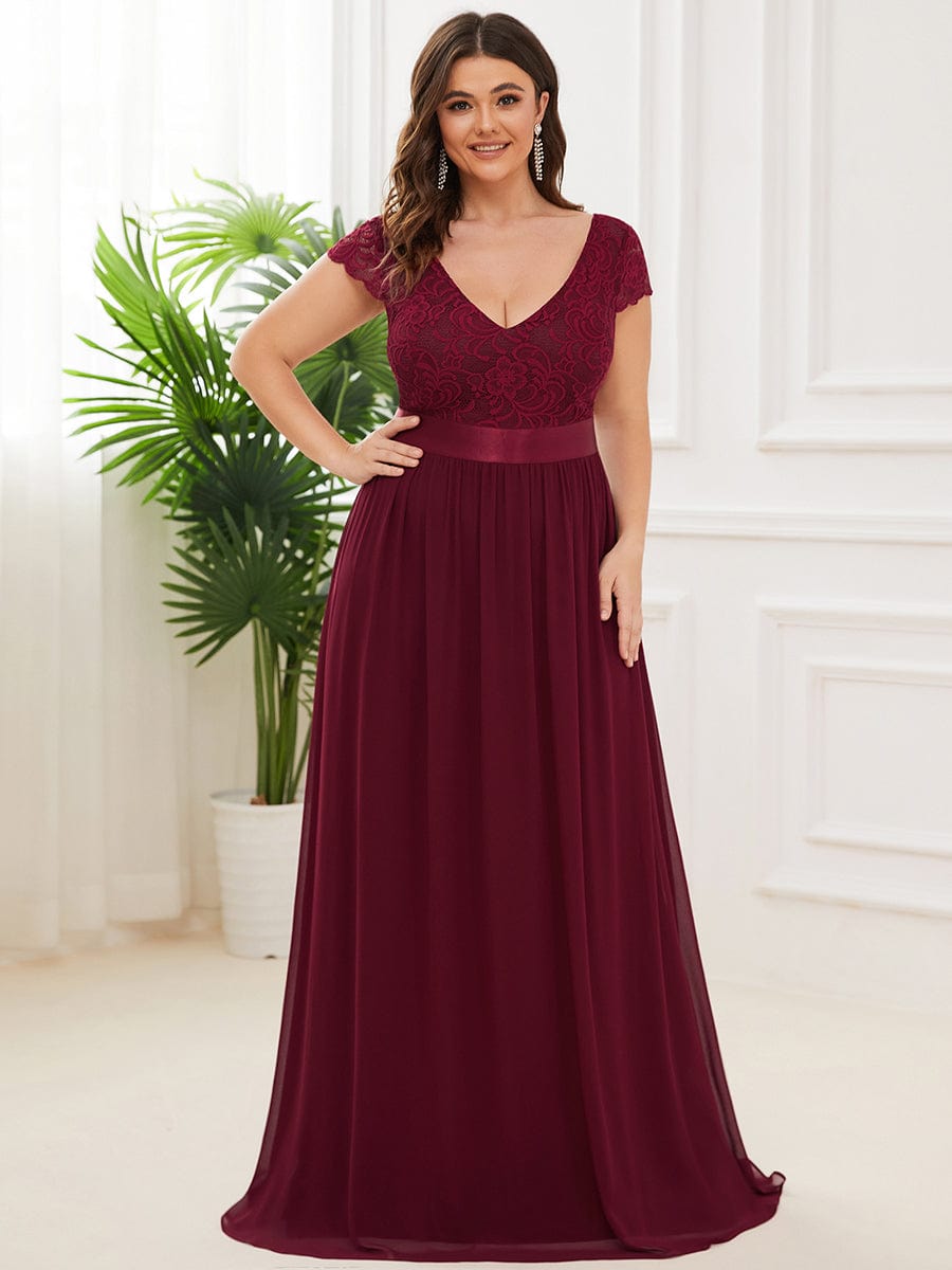 Elegant Lace V-Neck Short Sleeves Chiffon Mother of the Bride Dress #color_Burgundy 