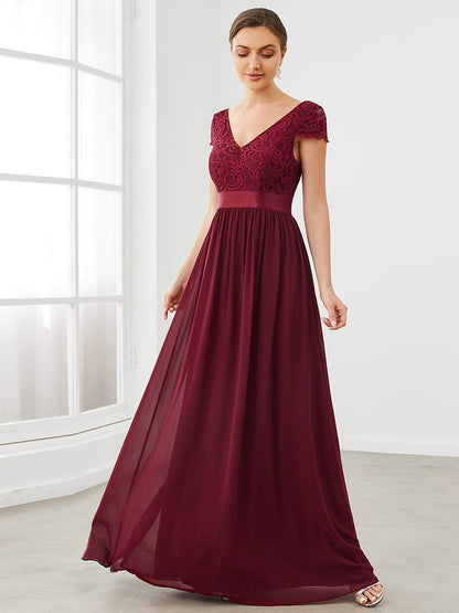 Elegant Lace V-Neck Short Sleeves Chiffon Mother of the Bride Dress #color_Burgundy 