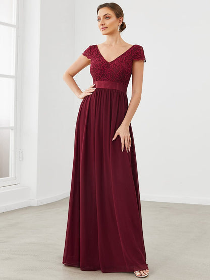 Elegant Lace V-Neck Short Sleeves Chiffon Mother of the Bride Dress #color_Burgundy 