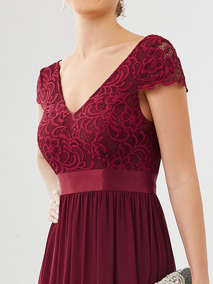 Elegant Lace V-Neck Short Sleeves Chiffon Mother of the Bride Dress #color_Burgundy 