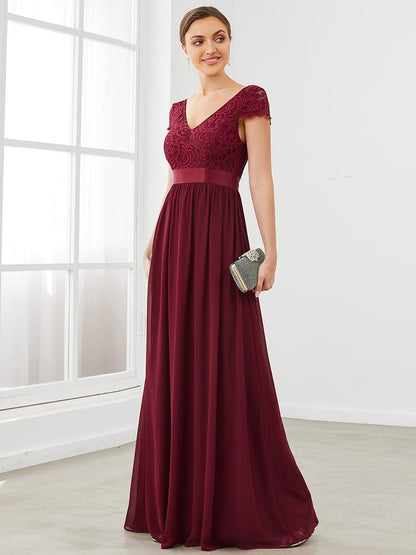 Elegant Lace V-Neck Short Sleeves Chiffon Mother of the Bride Dress #color_Burgundy 