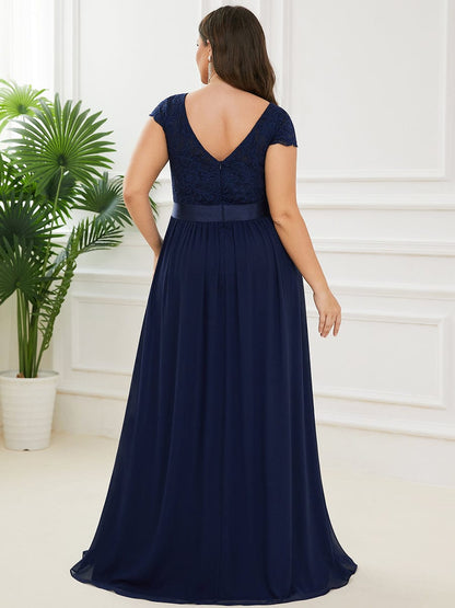 Elegant Lace V-Neck Short Sleeves Chiffon Mother of the Bride Dress #color_Navy Blue 