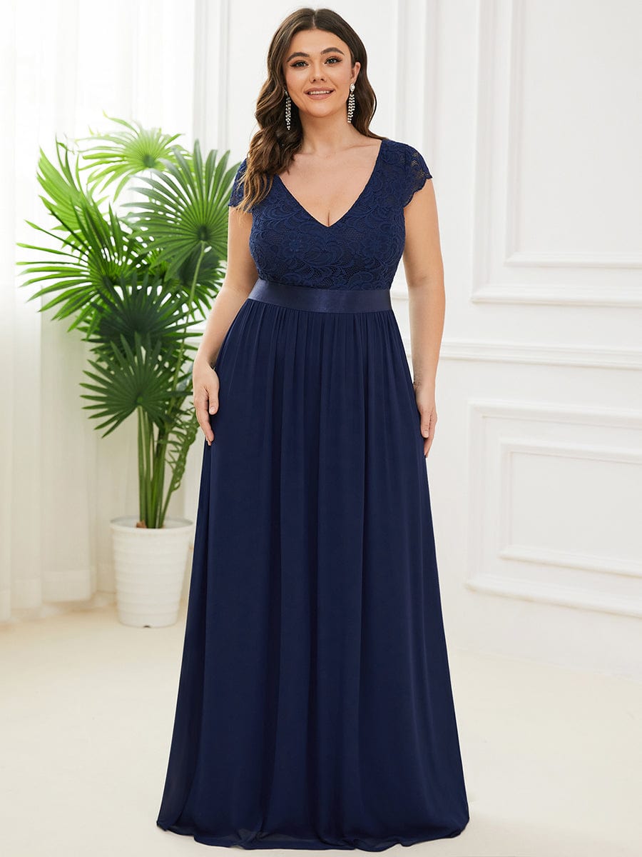 Elegant Lace V-Neck Short Sleeves Chiffon Mother of the Bride Dress #color_Navy Blue 