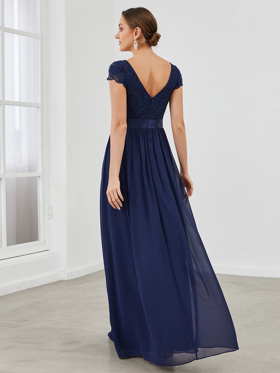 Elegant Lace V-Neck Short Sleeves Chiffon Mother of the Bride Dress #color_Navy Blue 