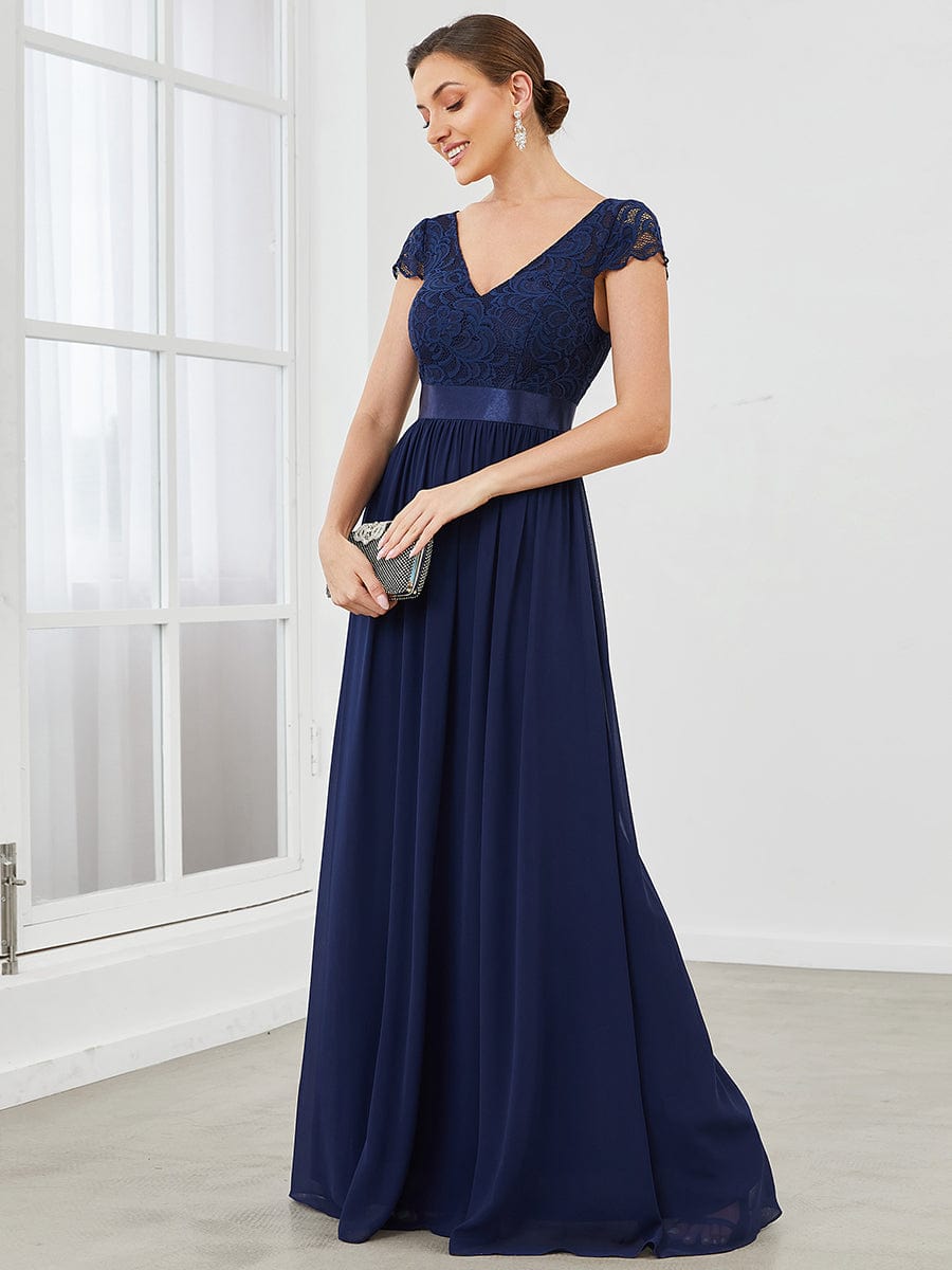 Elegant Lace V-Neck Short Sleeves Chiffon Mother of the Bride Dress #color_Navy Blue 