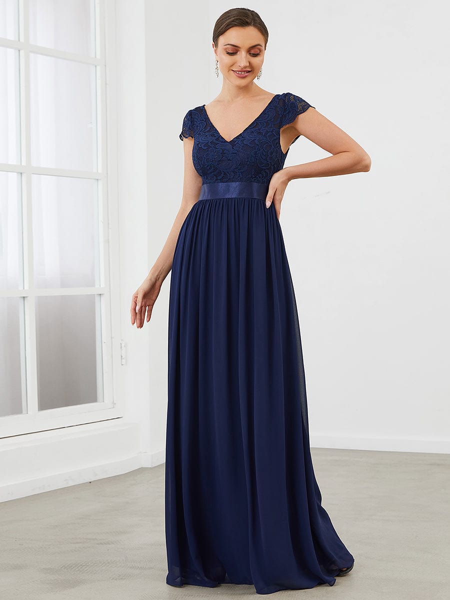 Elegant Lace V-Neck Short Sleeves Chiffon Mother of the Bride Dress #color_Navy Blue 