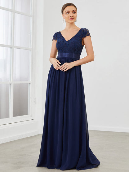 Elegant Lace V-Neck Short Sleeves Chiffon Mother of the Bride Dress #color_Navy Blue 