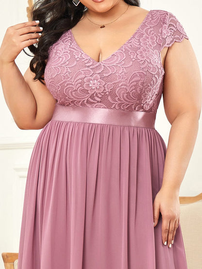 Empire Waist A-Line Lace Cap Sleeve Chiffon Plus Size Mother of the Bride Dress #color_Purple Orchid 