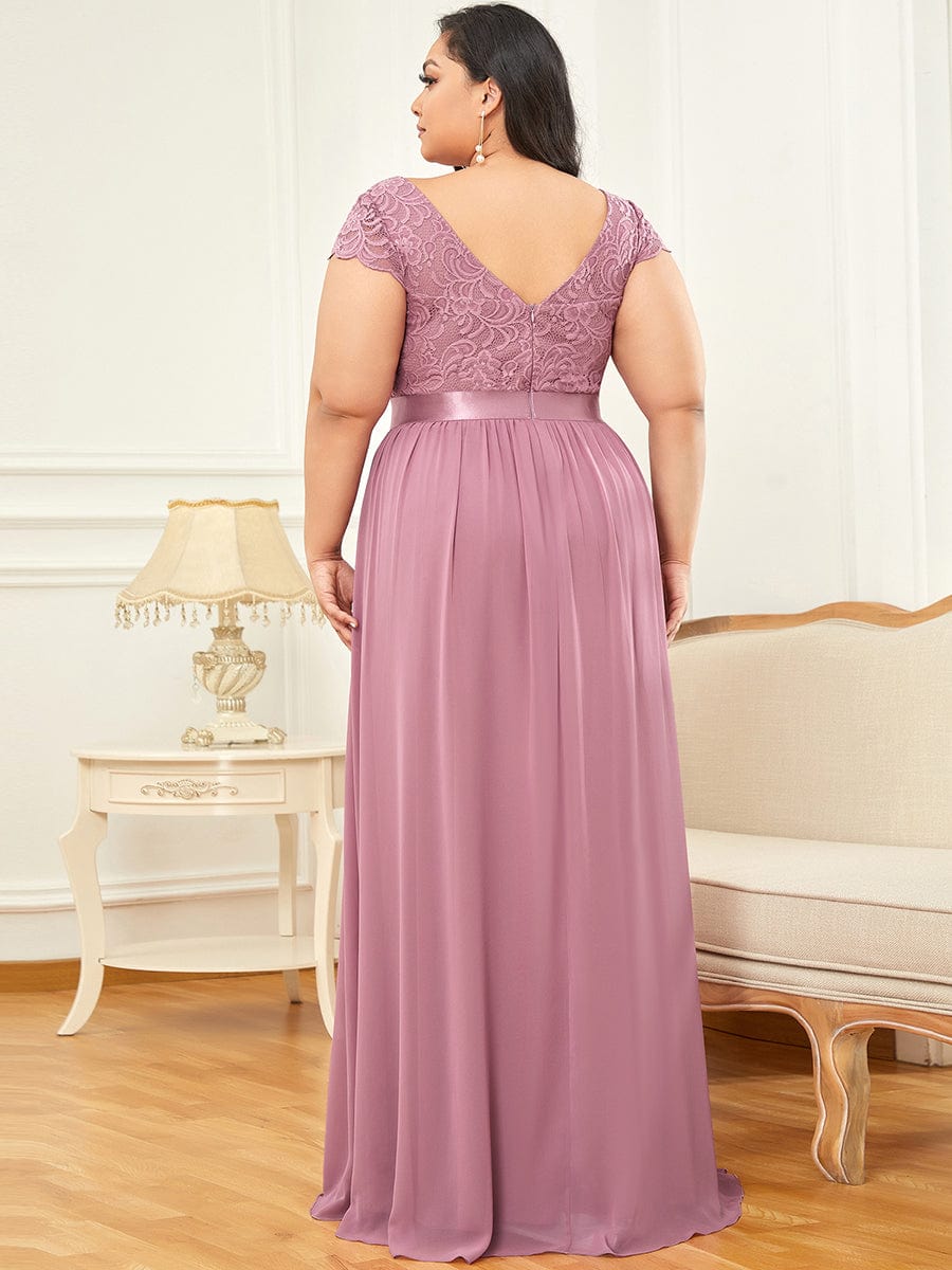 Empire Waist A-Line Lace Cap Sleeve Chiffon Plus Size Mother of the Bride Dress #color_Purple Orchid 