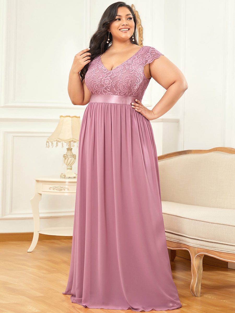 Empire Waist A-Line Lace Cap Sleeve Chiffon Plus Size Mother of the Bride Dress #color_Purple Orchid 