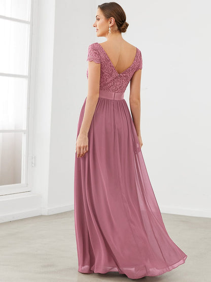 Elegant Lace V-Neck Short Sleeves Chiffon Mother of the Bride Dress #color_Purple Orchid