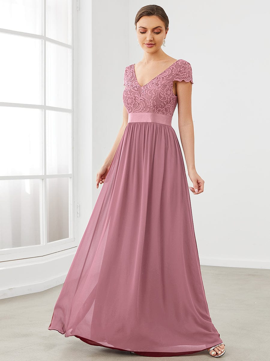 Elegant Lace V-Neck Short Sleeves Chiffon Mother of the Bride Dress #color_Purple Orchid