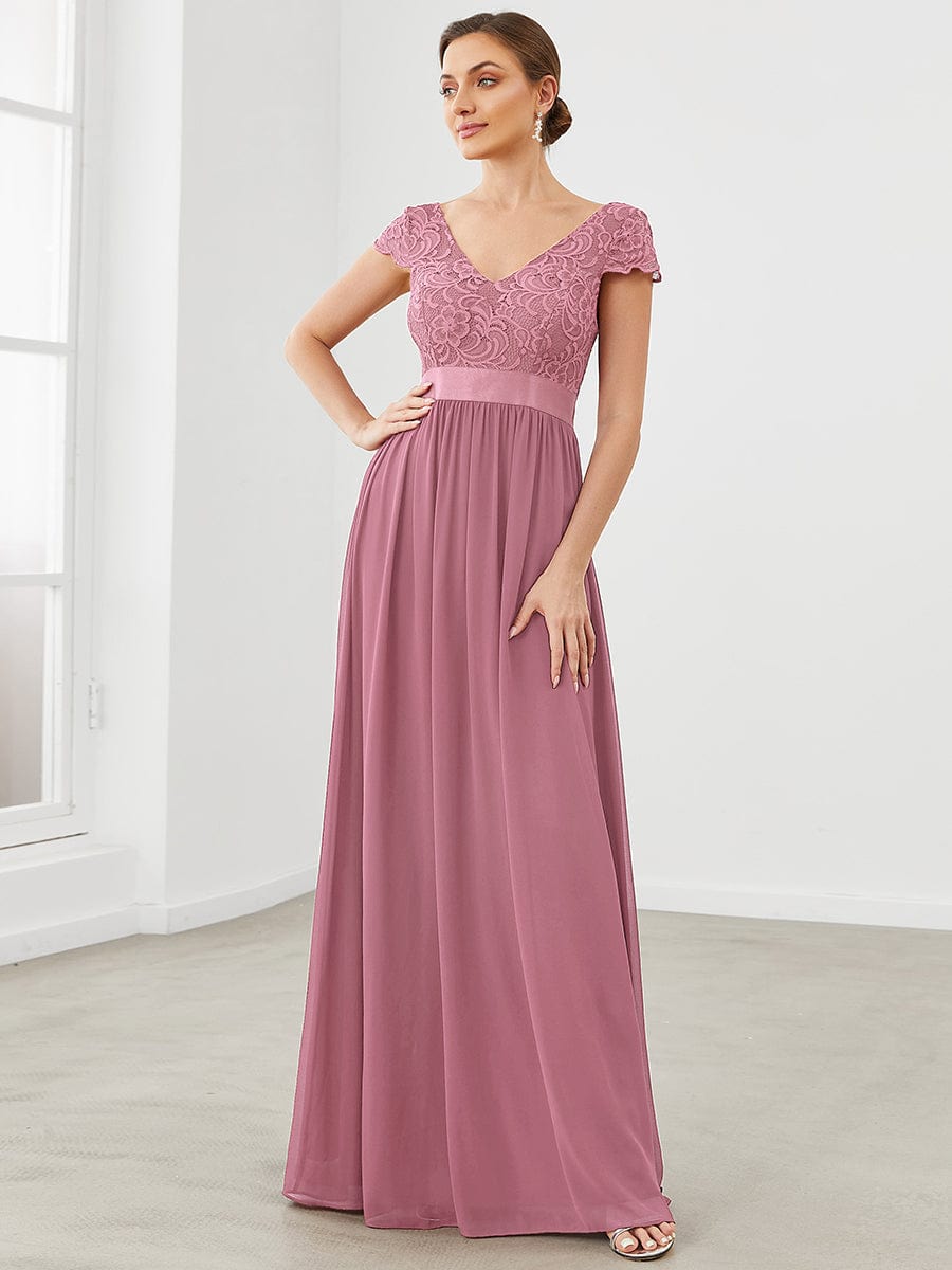 Elegant Lace V-Neck Short Sleeves Chiffon Mother of the Bride Dress #color_Purple Orchid