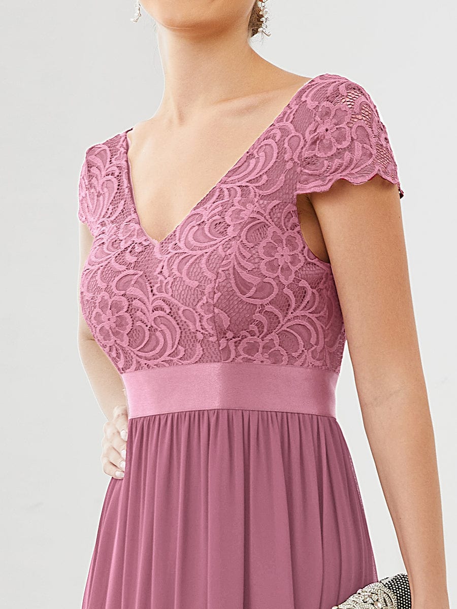 Elegant Lace V-Neck Short Sleeves Chiffon Mother of the Bride Dress #color_Purple Orchid