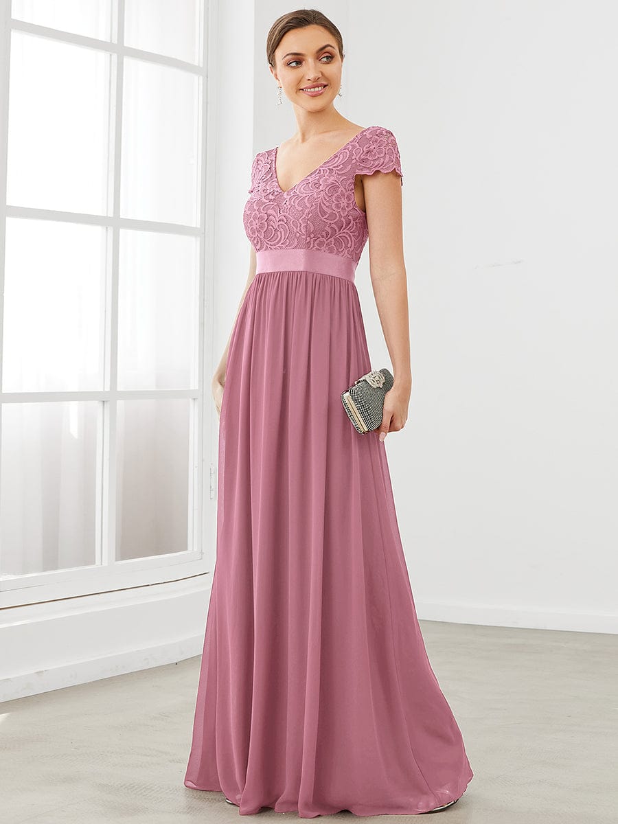 Elegant Lace V-Neck Short Sleeves Chiffon Mother of the Bride Dress #color_Purple Orchid 