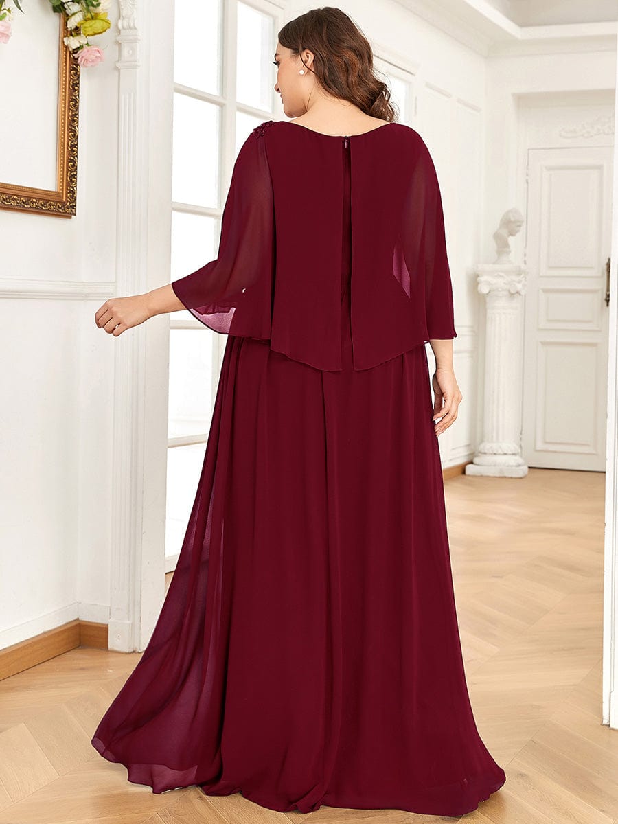 Crew neck A-Line Chiffon Cape Mother of the Bride Dress #color_Burgundy