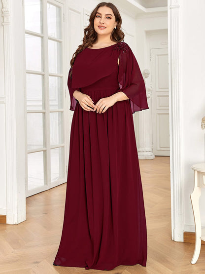 Sequin Applique Chiffon Cape A-Line Mother of the Bride Dress #color_Burgundy