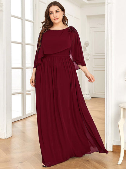 Sequin Applique Chiffon Cape A-Line Mother of the Bride Dress #color_Burgundy