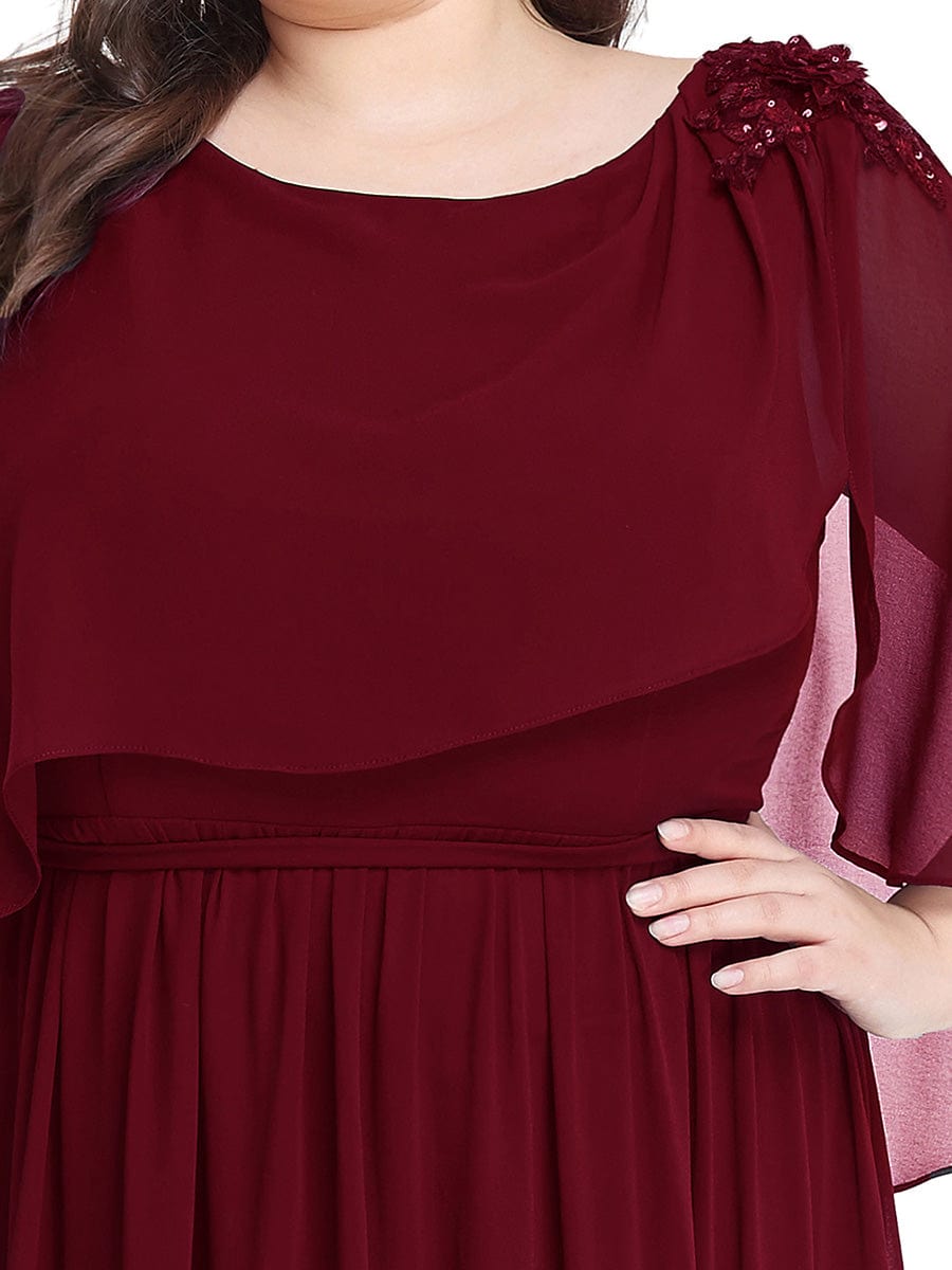 Crew neck A-Line Chiffon Cape Mother of the Bride Dress #color_Burgundy