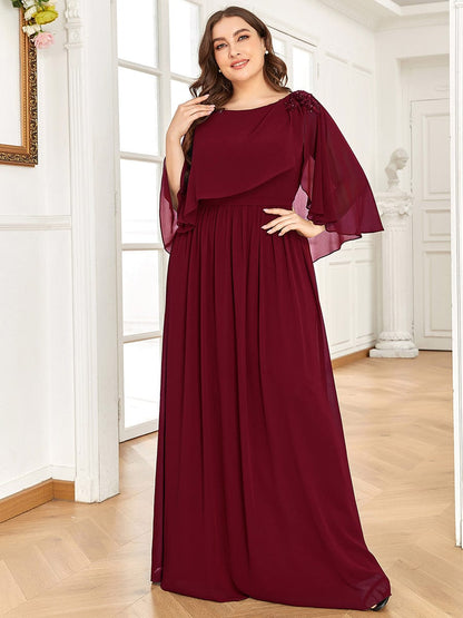 Sequin Applique Chiffon Cape A-Line Mother of the Bride Dress #color_Burgundy