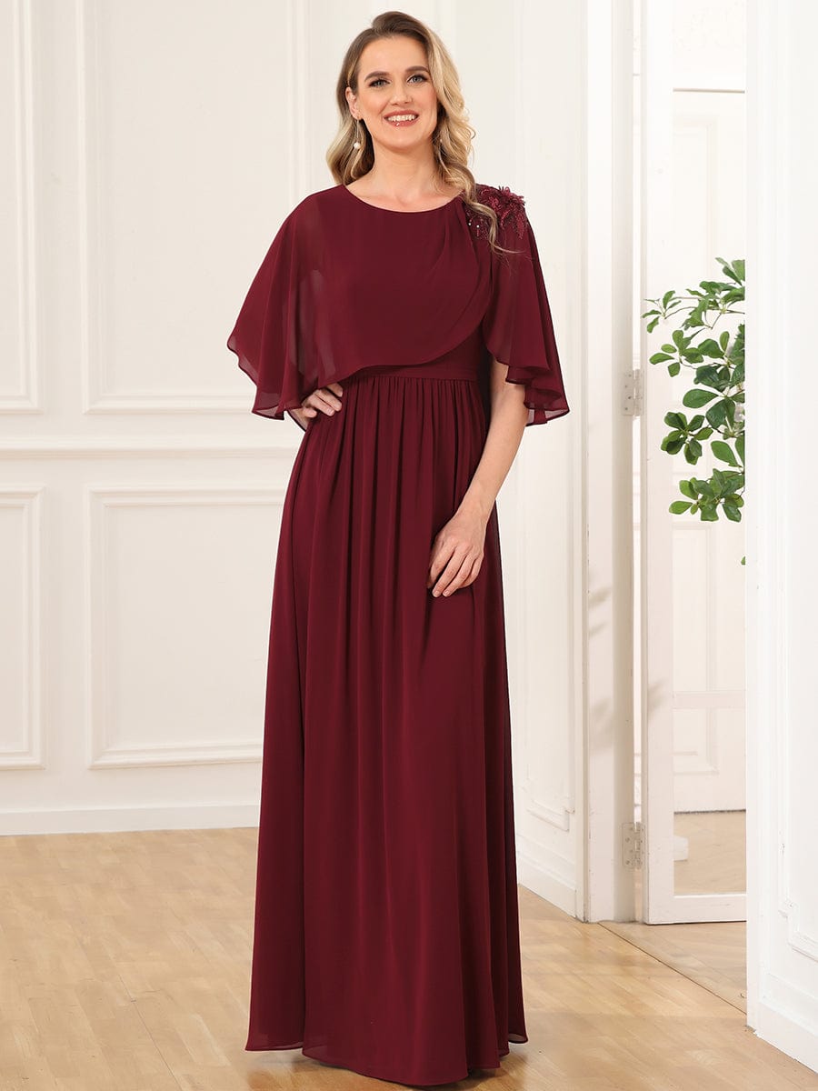 Crew neck A-Line Chiffon Cape Mother of the Bride Dress #color_Burgundy