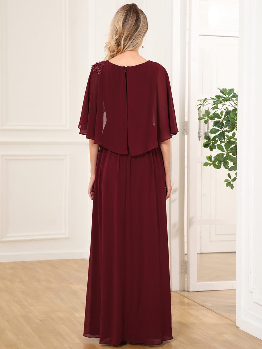 Crew neck A-Line Chiffon Cape Mother of the Bride Dress #color_Burgundy