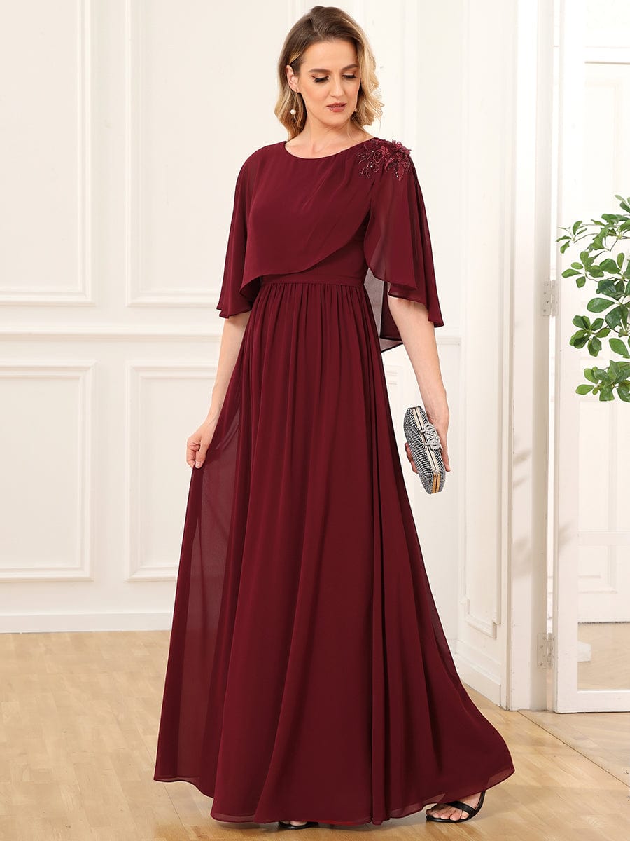 Crew neck A-Line Chiffon Cape Mother of the Bride Dress #color_Burgundy