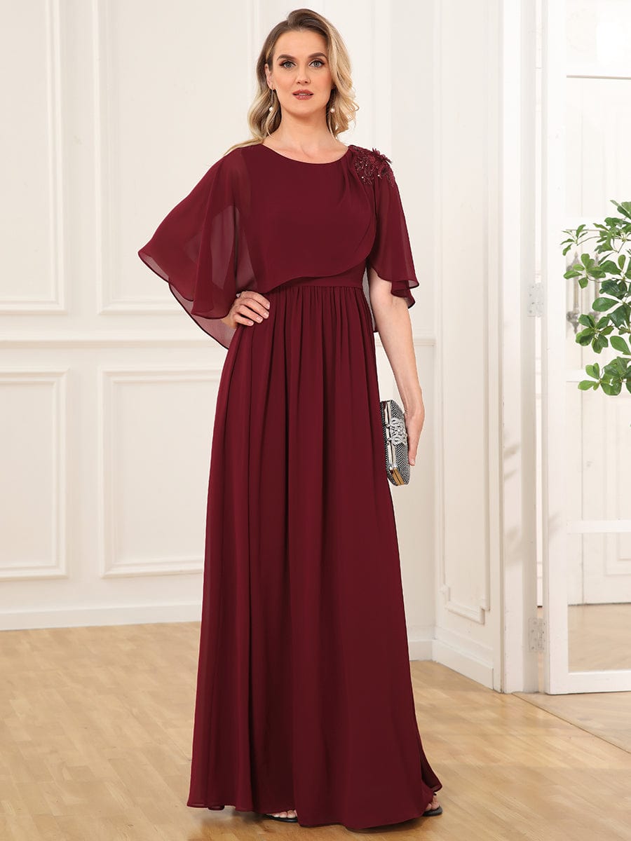 Crew neck A-Line Chiffon Cape Mother of the Bride Dress #color_Burgundy