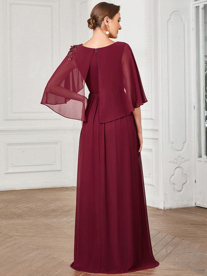 Crew neck A-Line Chiffon Cape Mother of the Bride Dress #color_Burgundy